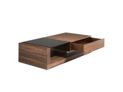 Table basse en noyer, verre noir et acier inoxydable poli - ANDUJAR