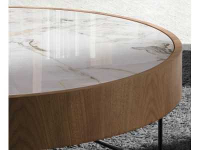 Table d'angle ronde en noyer avec plateau en marbre porcelaine - AYERIM