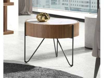 Table d'angle ronde en noyer avec plateau en marbre porcelaine - AYERIM