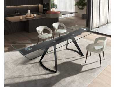 Mesa de comedor extensible con tapa de cristal templado y bases en acero inoxidable - BERTA