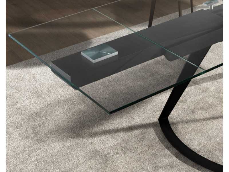 Mesa de comedor extensible con tapa de cristal templado y bases en acero inoxidable - BERTA