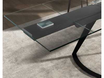 Mesa de comedor extensible con tapa de cristal templado y bases en acero inoxidable - BERTA