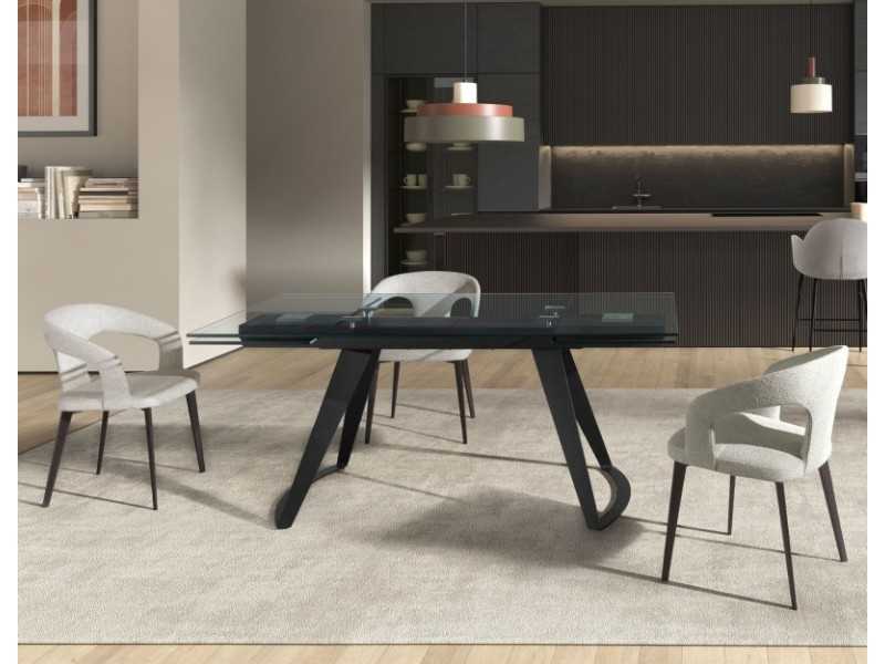 Extendable dining table with tempered glass top and stainless steel base - BERTA
