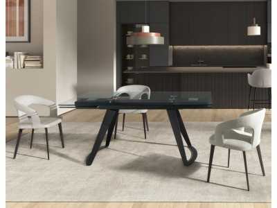 Mesa de comedor extensible con tapa de cristal templado y bases en acero inoxidable - BERTA