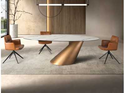 Table ovale avec plateau fixe en marbre porcelaine et base en acier inoxydable - AQUILA