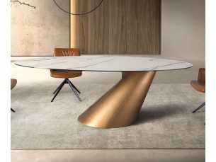 Mesa ovalada con tapa fija de mármol porcelánico y base en acero inoxidable - AQUILA 2