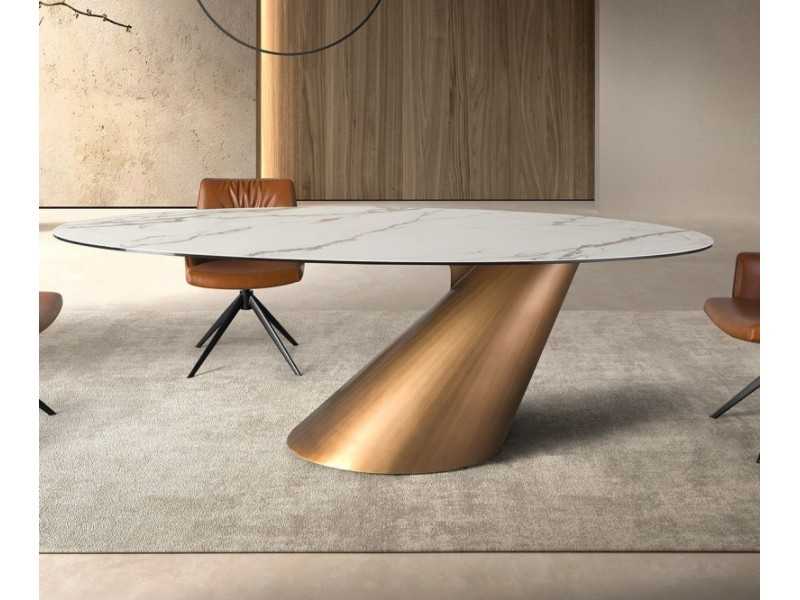 Table ovale avec plateau fixe en marbre porcelaine et base en acier inoxydable - AQUILA