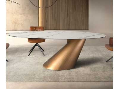 Table ovale avec plateau fixe en marbre porcelaine et base en acier inoxydable - AQUILA