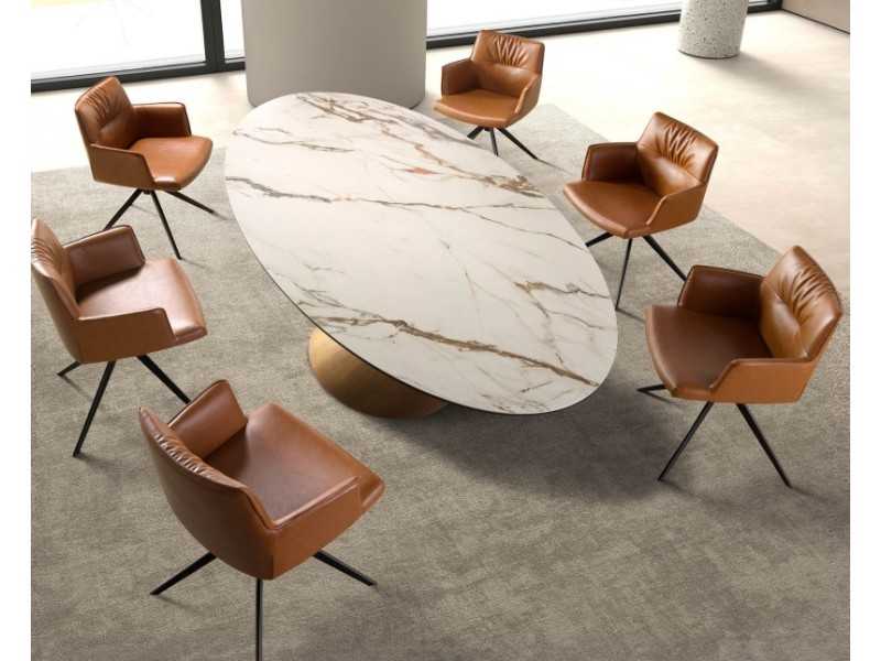 Oval table with fixed porcelain marble top and stainless steel base - AQUILA