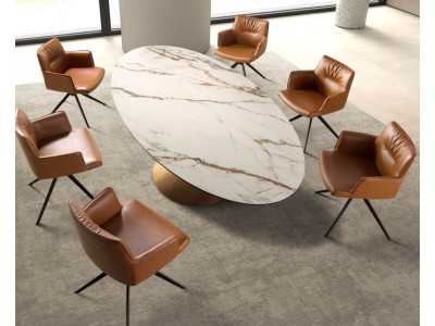 Table ovale avec plateau fixe en marbre porcelaine et base en acier inoxydable - AQUILA