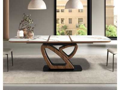 Mesa extensible ovalada barril con mármol porcelánico nogal y acero inoxidable - ACCIANO Mesa extensible ovalada barril con mármol porcelánico nogal y acero inoxidable - ACCIANO