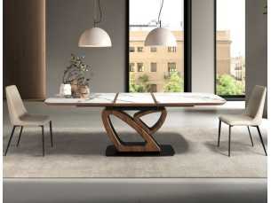 Mesa extensible ovalada barril con mármol porcelánico nogal y acero inoxidable - ACCIANO 2