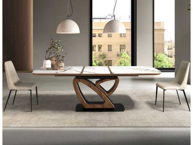 Mesa extensible ovalada barril con mármol porcelánico nogal y acero inoxidable - ACCIANO