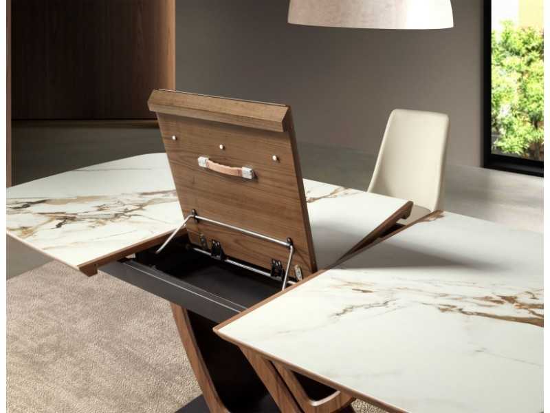 Mesa extensible ovalada barril con mármol porcelánico nogal y acero inoxidable - ACCIANO