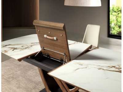 Mesa extensible ovalada barril con mármol porcelánico nogal y acero inoxidable - ACCIANO Mesa extensible ovalada barril con mármol porcelánico nogal y acero inoxidable - ACCIANO