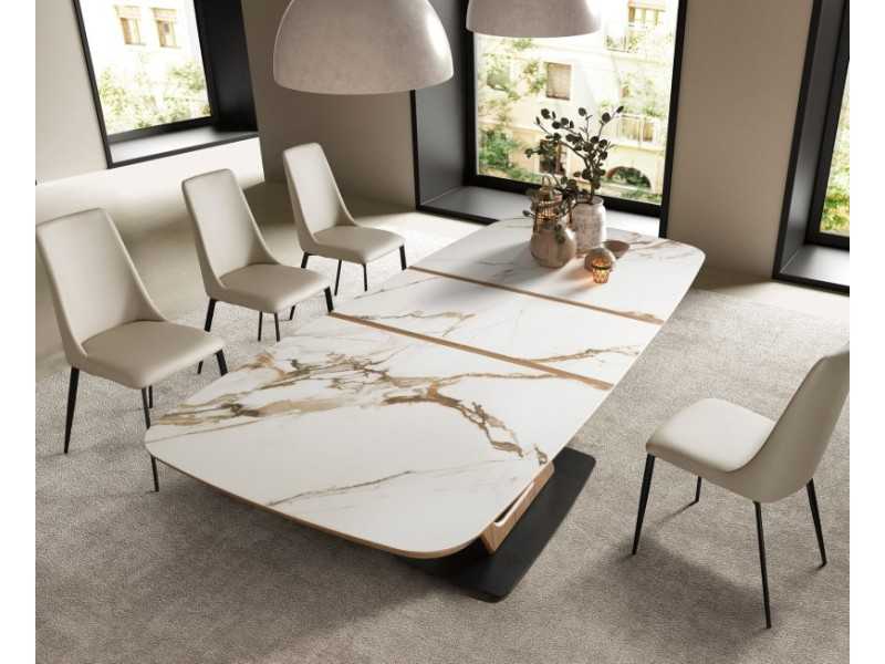 Mesa extensible ovalada barril con mármol porcelánico nogal y acero inoxidable - ACCIANO