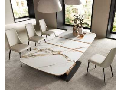 Mesa extensible ovalada barril con mármol porcelánico nogal y acero inoxidable - ACCIANO Mesa extensible ovalada barril con mármol porcelánico nogal y acero inoxidable - ACCIANO