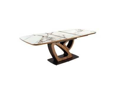 Mesa extensible ovalada barril con mármol porcelánico nogal y acero inoxidable - ACCIANO Mesa extensible ovalada barril con mármol porcelánico nogal y acero inoxidable - ACCIANO