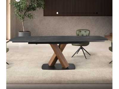 Extendable table with porcelain marble top, walnut, and stainless steel - ACCUMOLI