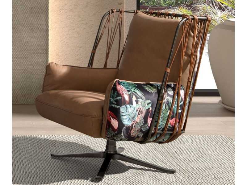 Sillón giratorio de diseño tapizado en piel y tela - ABERDEEN