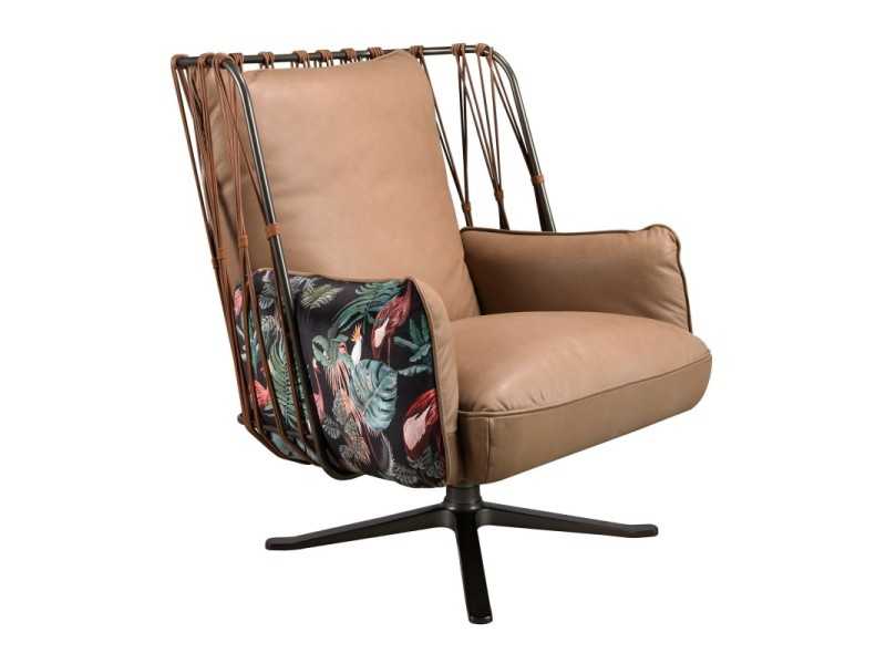 Designer swivel armchair upholstered in leather and fabric - ABERDEEN