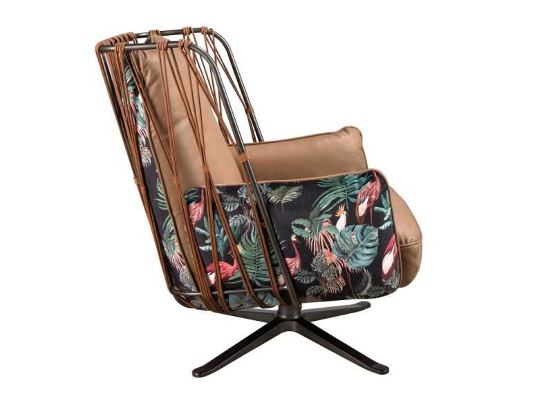 Designer swivel armchair upholstered in leather and fabric - ABERDEEN