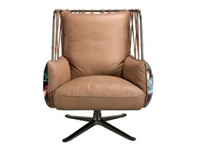 Designer swivel armchair upholstered in leather and fabric - ABERDEEN Designer swivel armchair upholstered in leather and fabric - ABERDEEN