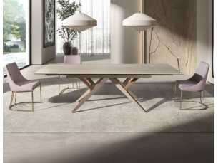 Mesa de comedor extensible con tapa porcelánica y base en acero inoxidable y madera - ARAN