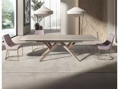 Table à manger extensible avec plateau en porcelaine et base en acier inoxydable et bois - ARAN