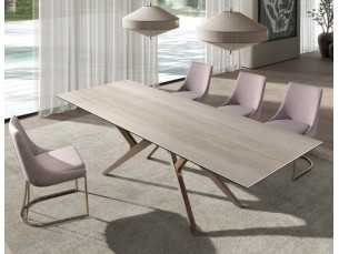 Mesa de comedor extensible con tapa porcelánica y base en acero inoxidable y madera - ARAN 2