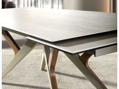 Extendable dining table with porcelain top and stainless steel and wood base - ARAN