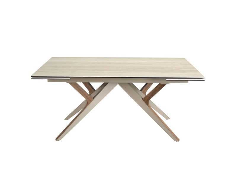 Extendable dining table with porcelain top and stainless steel and wood base - ARAN