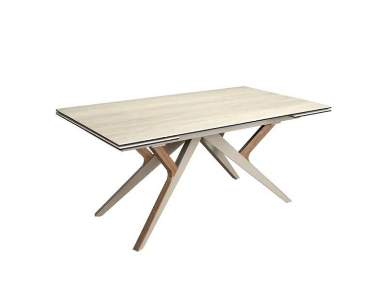 Mesa de comedor extensible con tapa porcelánica y base en acero inoxidable y madera - ARAN