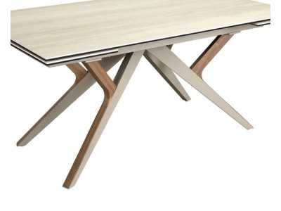 Mesa de comedor extensible con tapa porcelánica y base en acero inoxidable y madera - ARAN