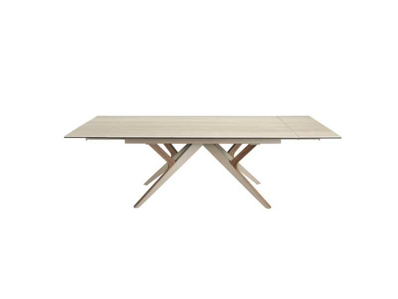Table à manger extensible avec plateau en porcelaine et base en acier inoxydable et bois - ARAN