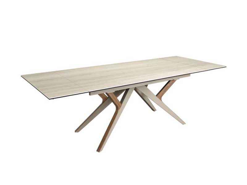 Table à manger extensible avec plateau en porcelaine et base en acier inoxydable et bois - ARAN