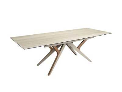 Mesa de comedor extensible con tapa porcelánica y base en acero inoxidable y madera - ARAN