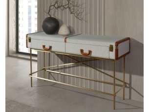 Upholstered 2-drawer console table with gold stainless steel base - AVENTURE