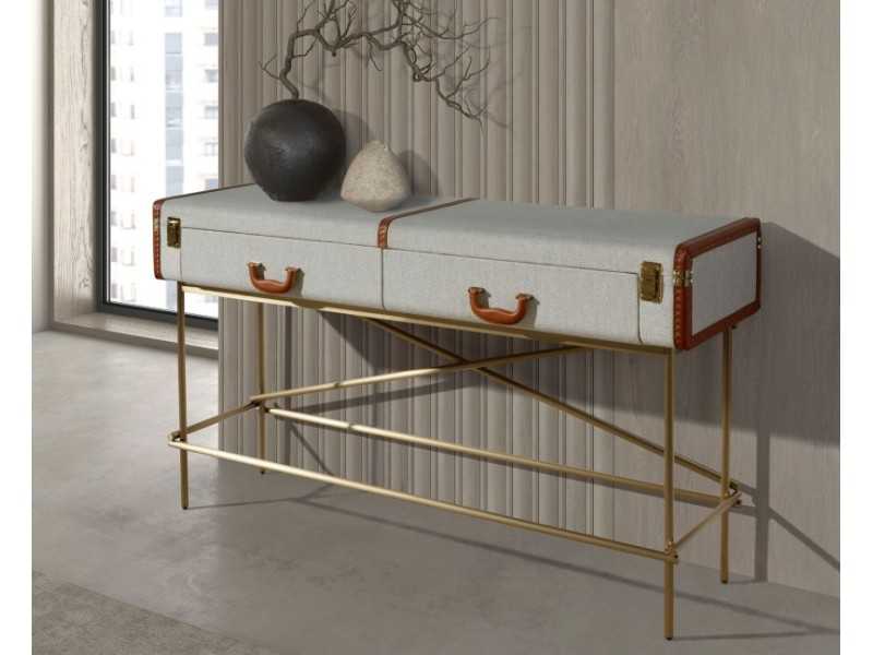 Upholstered 2-drawer console table with gold stainless steel base - AVENTURE
