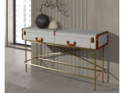 Upholstered 2-drawer console table with gold stainless steel base - AVENTURE Upholstered 2-drawer console table with gold stainless steel base - AVENTURE