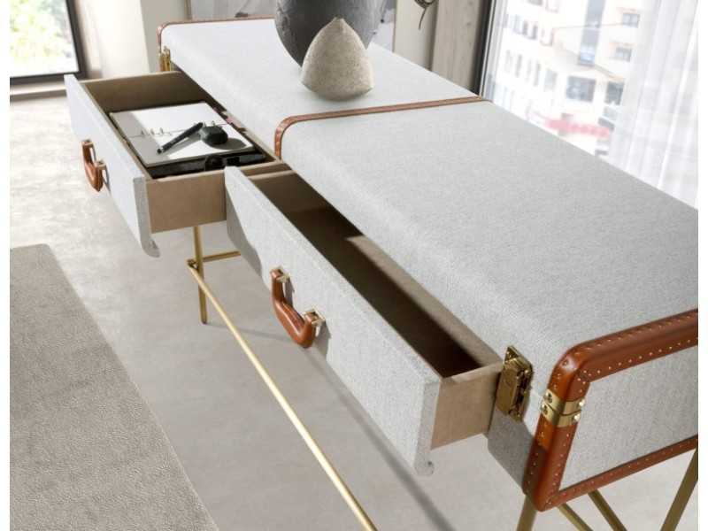 Consola tapizada de 2 cajones con base de acero inoxidable dorado - AVENTURE