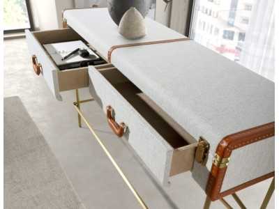 Upholstered 2-drawer console table with gold stainless steel base - AVENTURE Upholstered 2-drawer console table with gold stainless steel base - AVENTURE