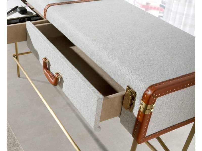Upholstered 2-drawer console table with gold stainless steel base - AVENTURE