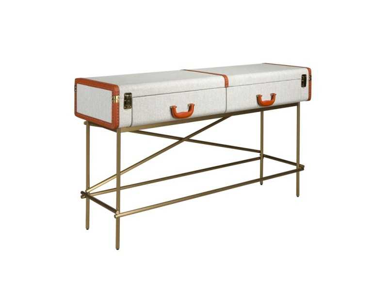 Upholstered 2-drawer console table with gold stainless steel base - AVENTURE