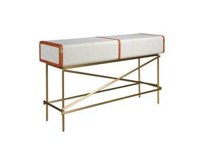 Upholstered 2-drawer console table with gold stainless steel base - AVENTURE Upholstered 2-drawer console table with gold stainless steel base - AVENTURE