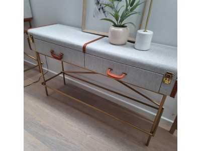 Upholstered 2-drawer console table with gold stainless steel base - AVENTURE Upholstered 2-drawer console table with gold stainless steel base - AVENTURE