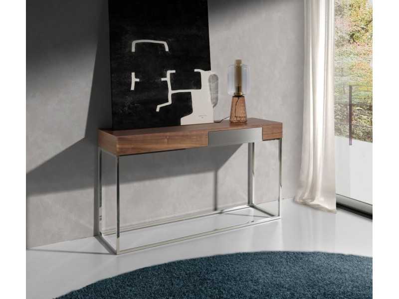 Walnut console with 1 drawer and stainless steel base - MOZART