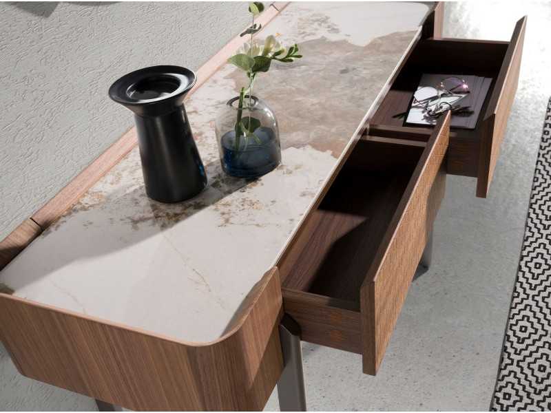 Consola en nogal con tapa de mármol porcelánico y acero inoxidable - SYMI