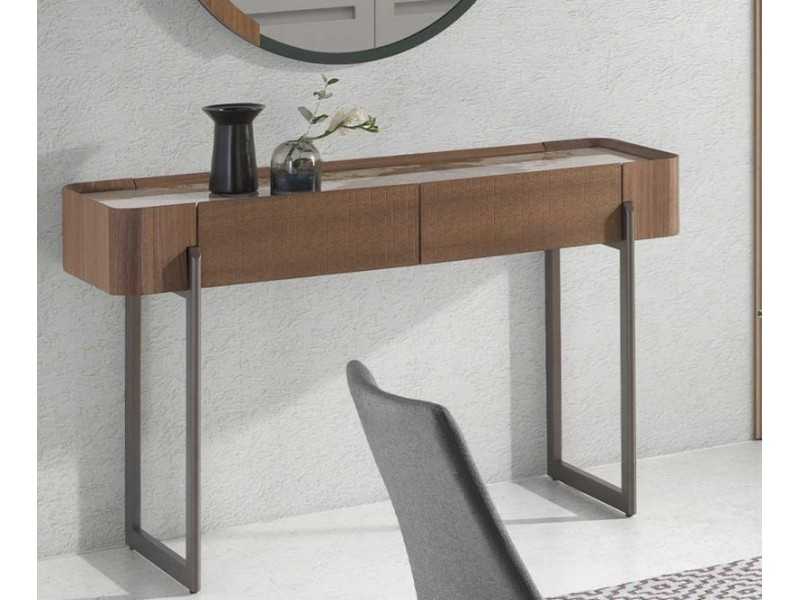 Consola en nogal con tapa de mármol porcelánico y acero inoxidable - SYMI