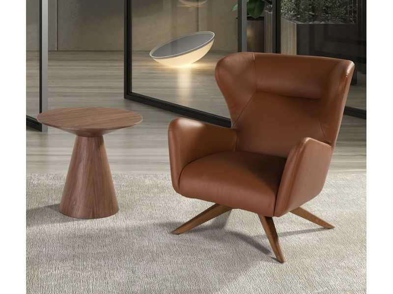 Sillón giratorio tapizado en piel sintética y base de madera maciza - OSCAR